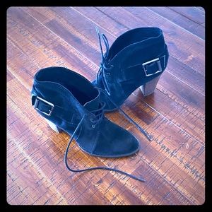 Luxury Rebel black suede boots with wood heel